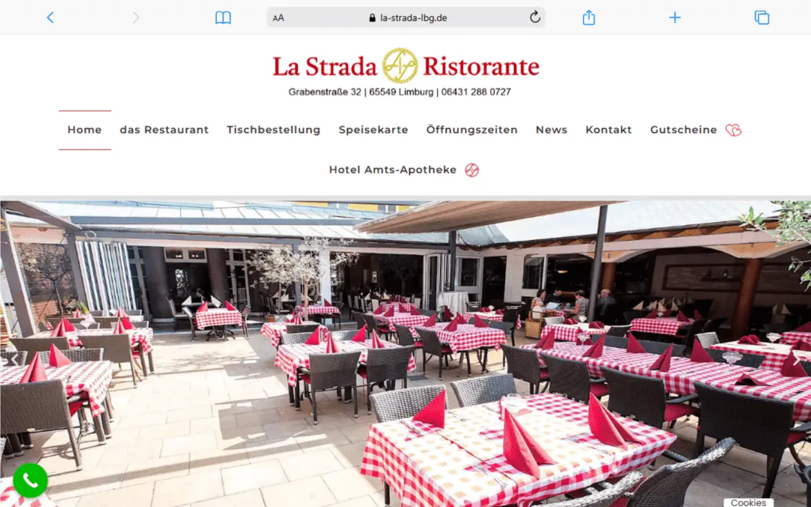 Outdoor dining area at La Strada Ristorante featuring checkered tablecloths and a cozy atmosphere for guests.