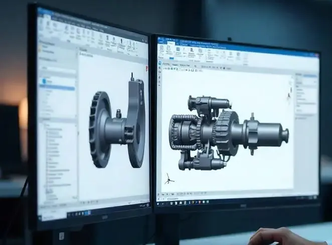 Two computer monitors displaying detailed 3D models of mechanical components in a design software environment.