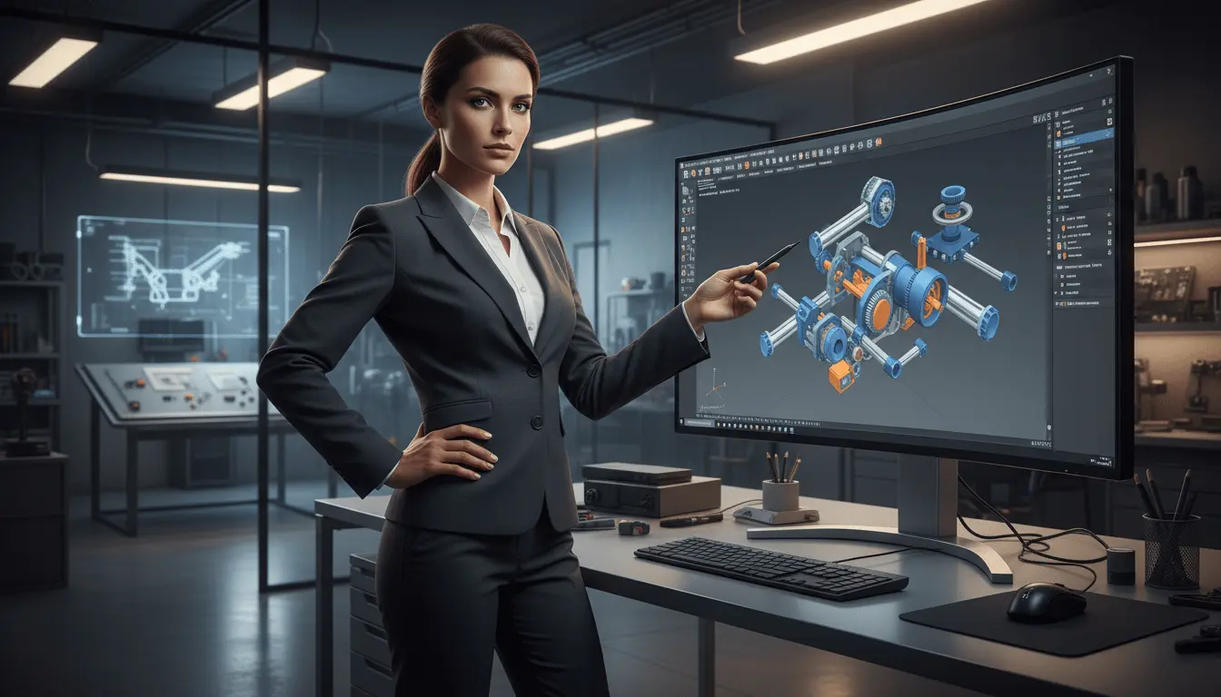 A professional woman in a suit points at a 3D mechanical design on a computer screen in a modern engineering workspace.