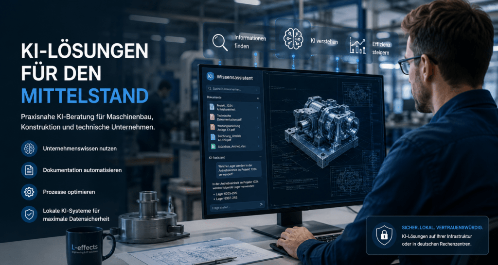 KI-Beratung für den Mittelstand: Ingenieur nutzt KI-Wissensassistent für CAD-Daten, technische Dokumentation und Prozessoptimierung im Maschinenbau.