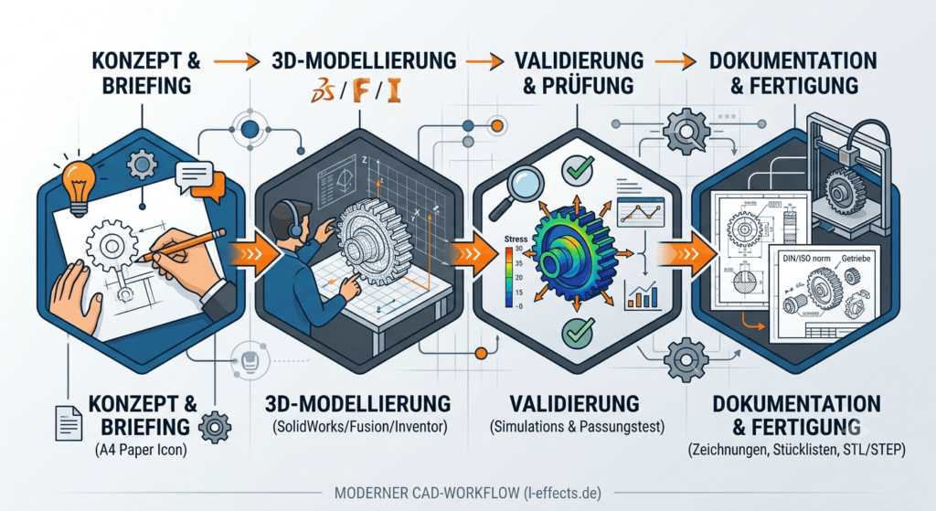 3D CAD Konstruktion und Technische Dokumentation Ablaufprozess l-effects