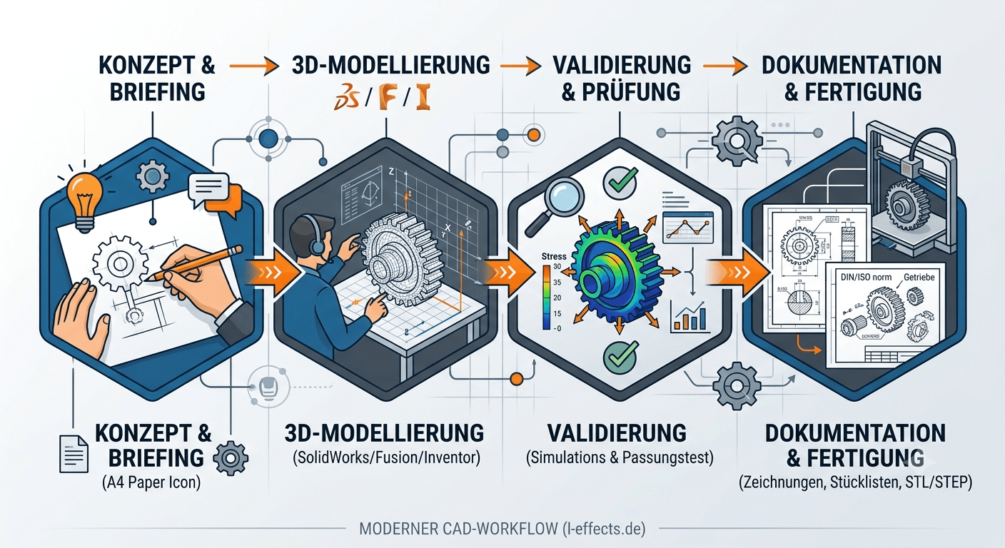 3D CAD Konstruktion und Technische Dokumentation Ablaufprozess l-effects