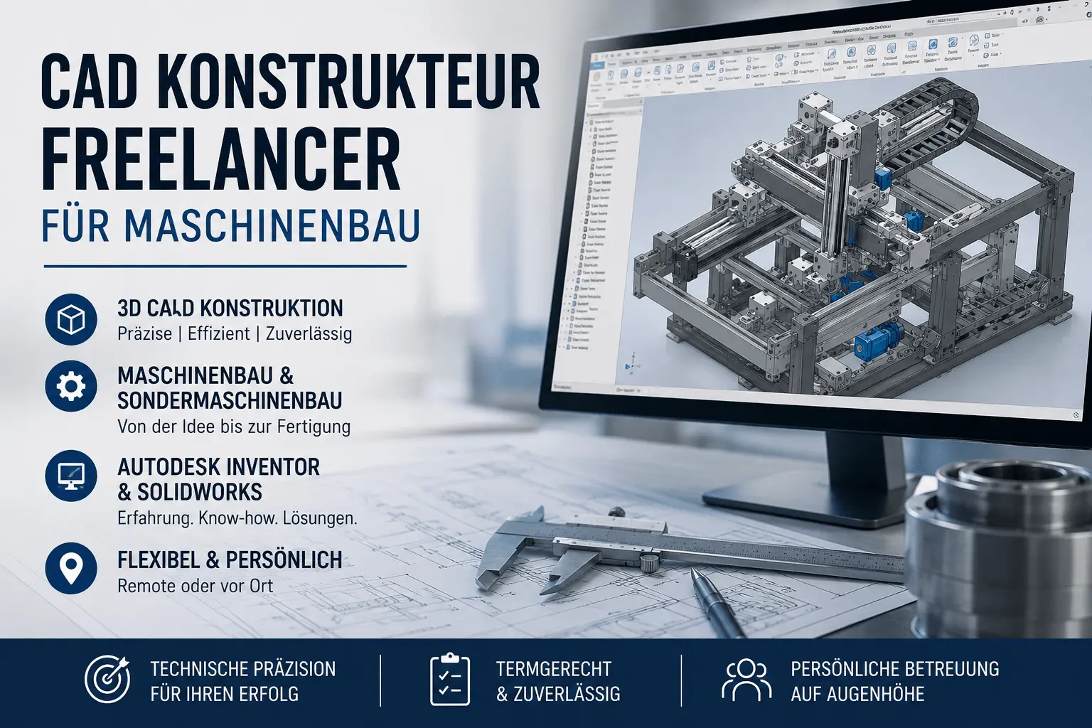 CAD Konstrukteur Freelancer für Maschinenbau mit 3D CAD Konstruktion in Autodesk Inventor und SolidWorks am Arbeitsplatz